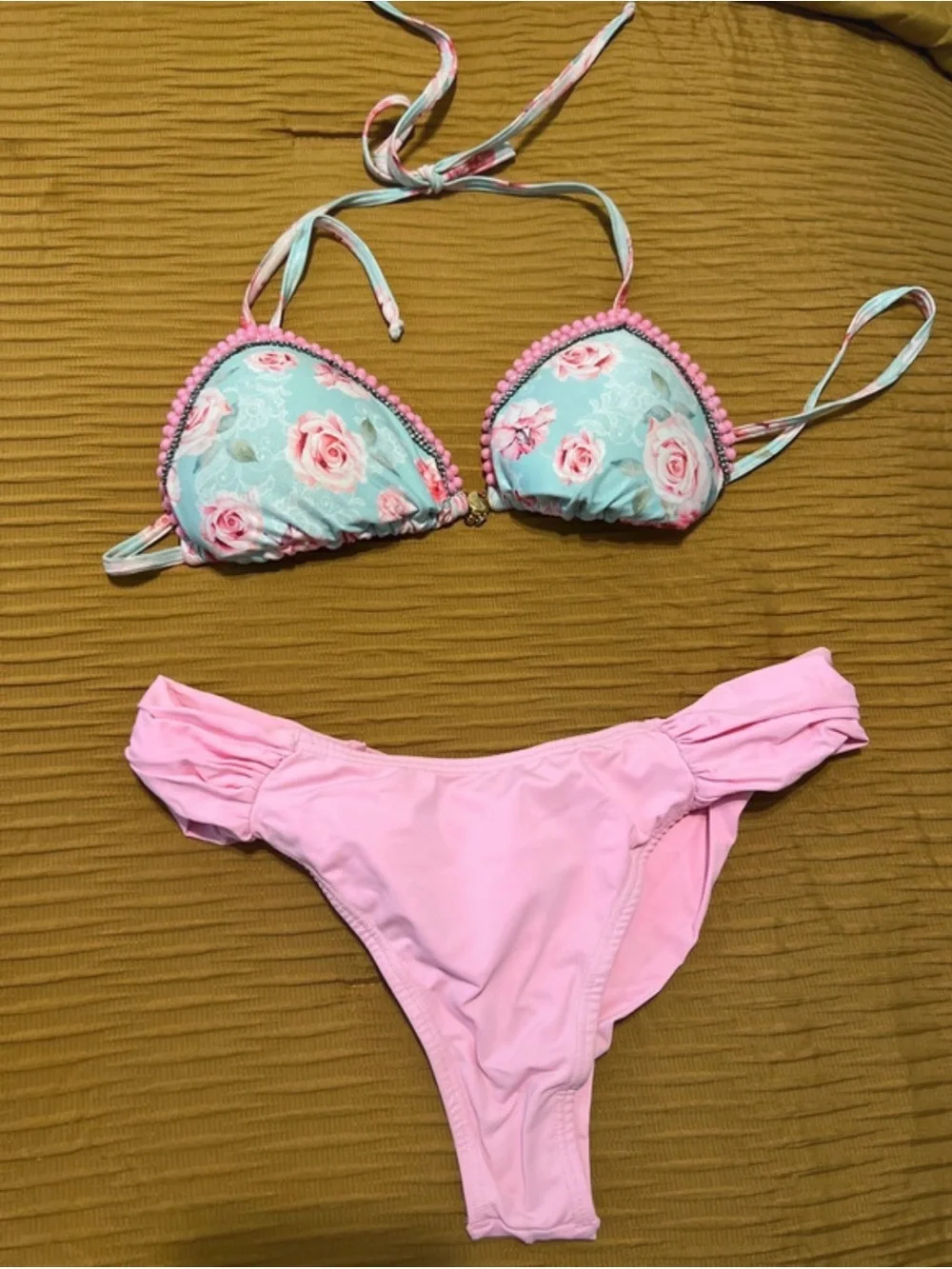 Floral Pink Trim Triangle Bikini Top - Light Blue & Pink